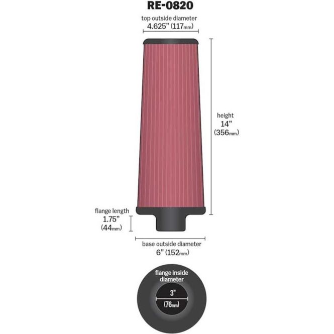 Hovedbilde Luftfilter, K&N, 76mm, Ø152-117mm. H356mm, KNRE-0820