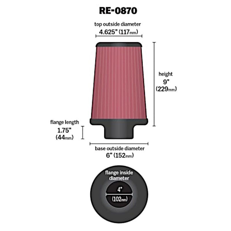 Luftfilter, K&N Universal 102mm, Ø152-117mm, H229mm. RE-0870