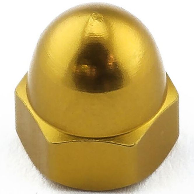 Hovedbilde Mutter, Alu, M4 Dome head til 7mm pipe, Gull