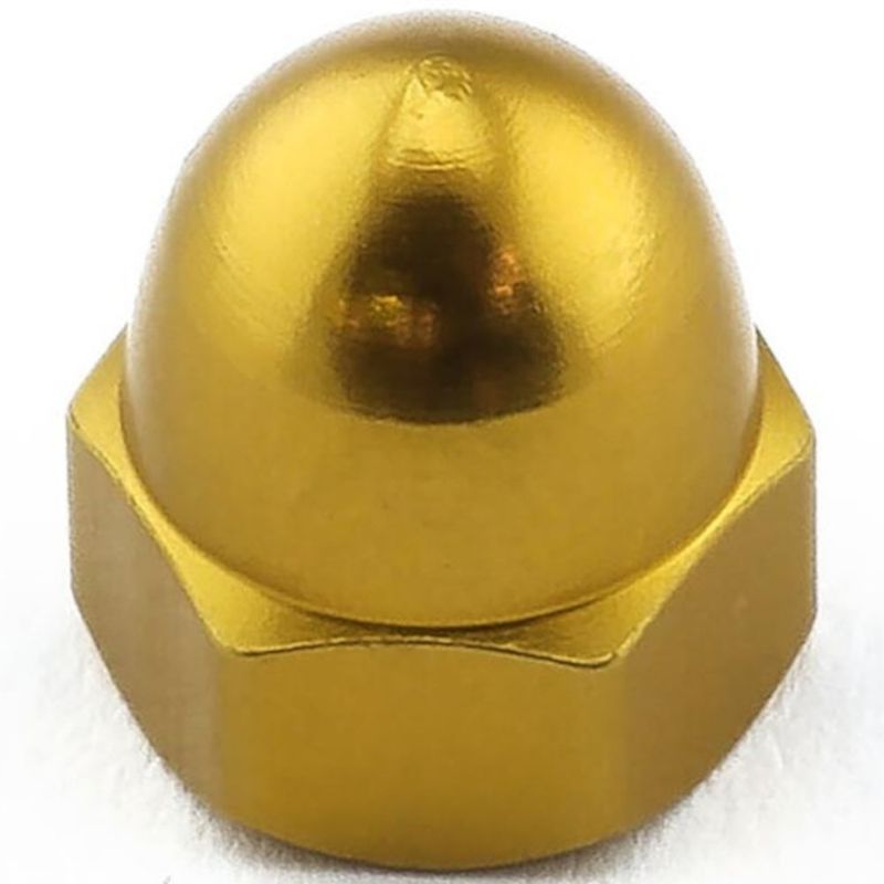 Mutter, Alu, M5 Dome head til 8mm pipe, Gull