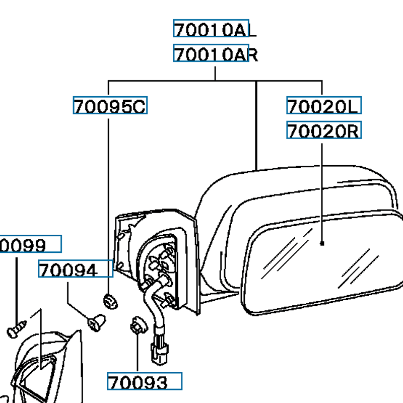 Mirror Assy, Door LH, OEM Mitsubishi Evo 7-9, MN175015 (70010AL)