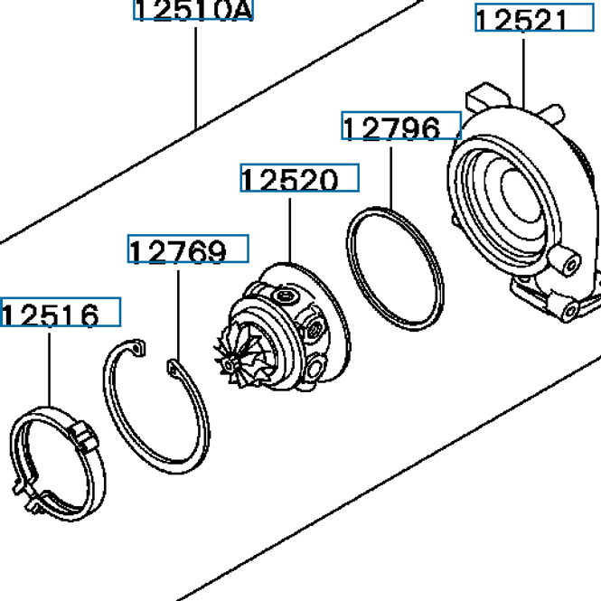 Hovedbilde Turbocharger minus Exhaust house, OEM Mitsubishi Evo 7, MR597260 (12510A)